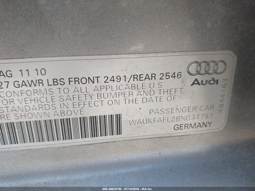 2011 Audi A4 2.0T Premium VIN: WAUKFAFL2BN034751 Lot: 45625750