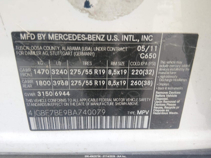 2011 Mercedes-Benz Gl 450 4Matic VIN: 4JGBF7BE9BA740079 Lot: 45625756