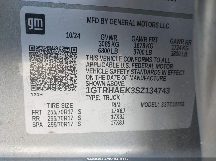 2025 GMC Sierra 1500 2Wd Standard Box Pro VIN: 1GTRHAEK3SZ134743 Lot: 45625789