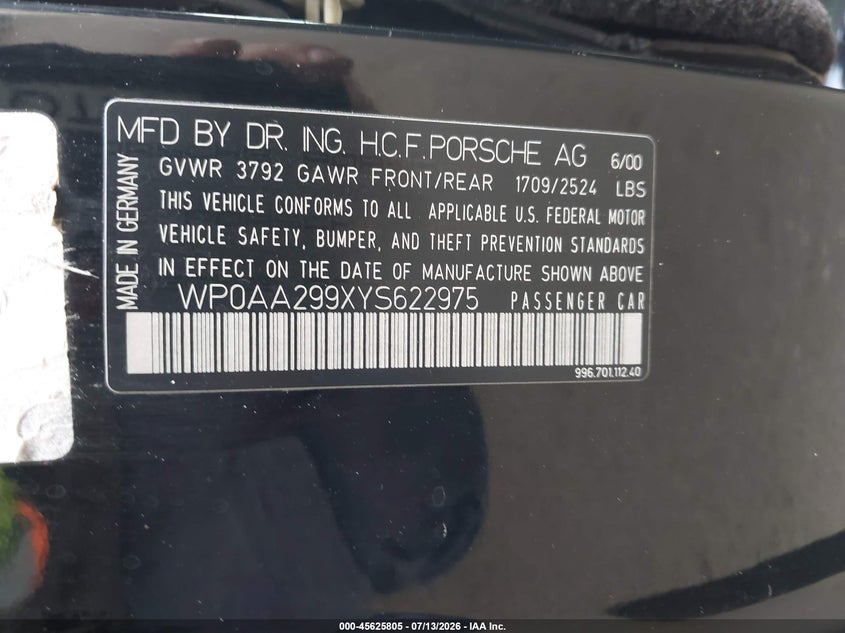 2000 Porsche 911 Carrera/Carrera 4 VIN: WP0AA299XYS622975 Lot: 45625805