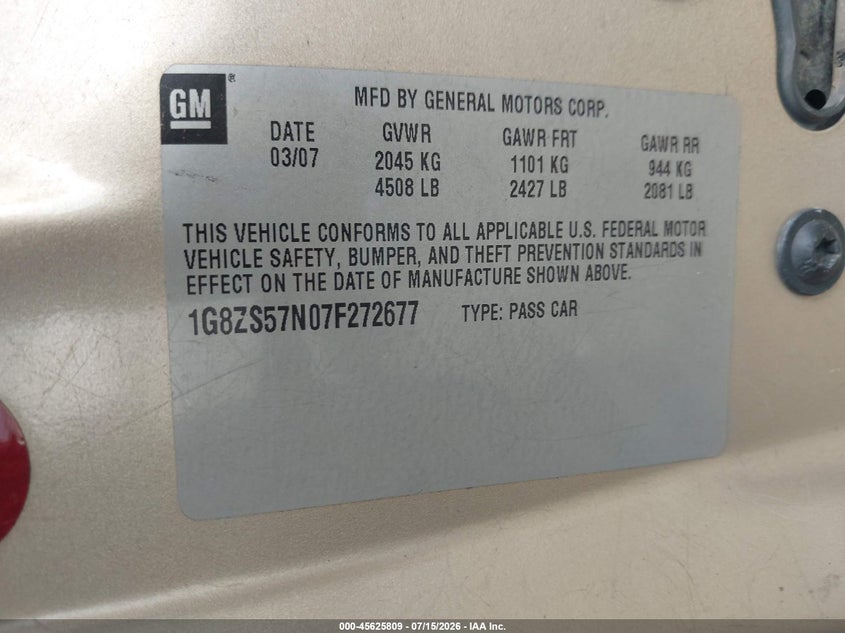 2007 Saturn Aura Xe VIN: 1G8ZS57N07F272677 Lot: 45625809