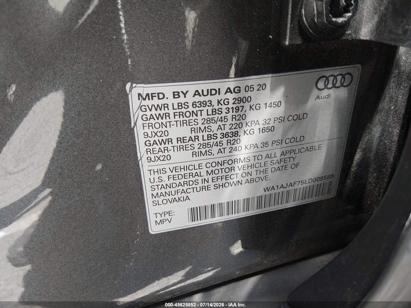 2020 Audi Q7 Premium 45 Tfsi Quattro Tiptronic VIN: WA1AJAF75LD009585 Lot: 45625852