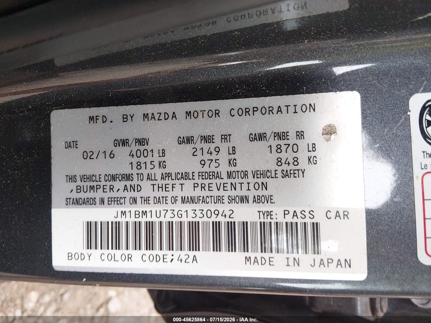 2016 Mazda Mazda3 I Sport VIN: JM1BM1U73G1330942 Lot: 45625864