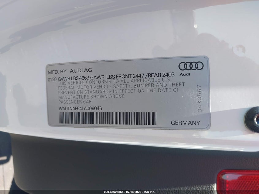 2020 Audi A5 Premium Plus 45 Tfsi Quattro S Tronic VIN: WAUTNAF54LA006046 Lot: 45625865