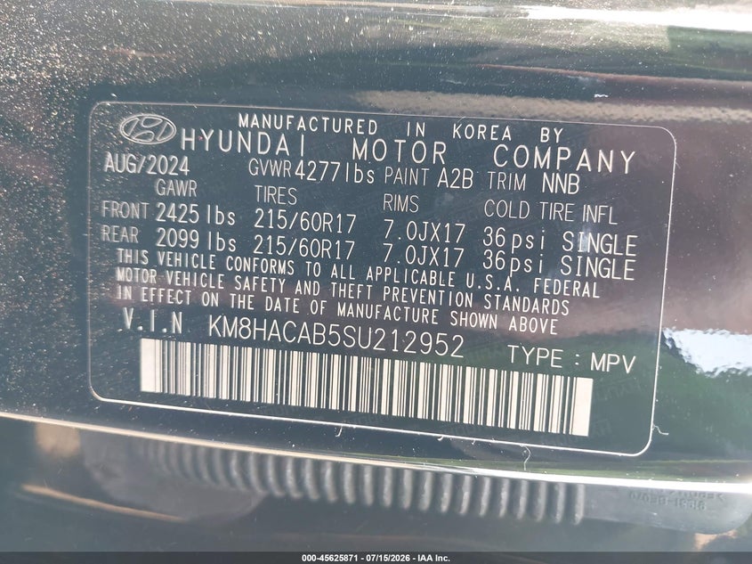 2025 Hyundai Kona Se VIN: KM8HACAB5SU212952 Lot: 45625871