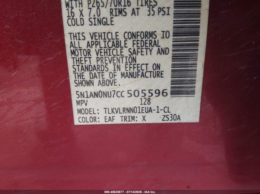 2012 Nissan Xterra S VIN: 5N1AN0NU7CC505596 Lot: 45625877