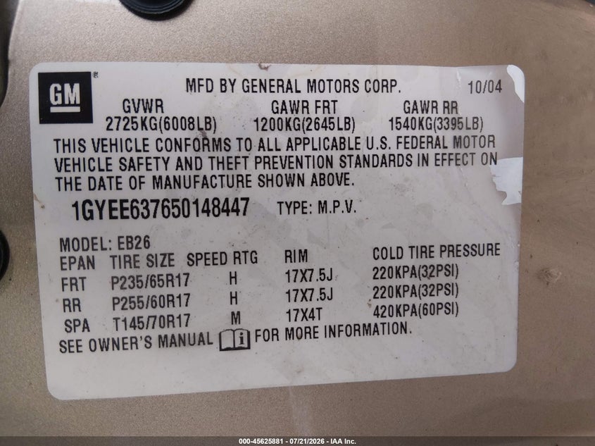 2005 Cadillac Srx V6 VIN: 1GYEE637650148447 Lot: 45625881