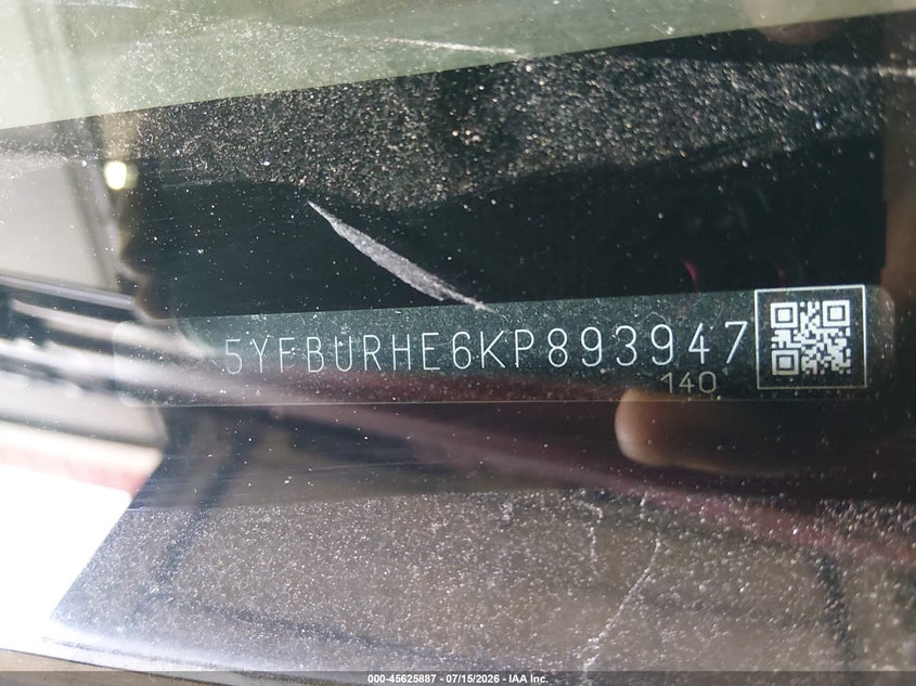 2019 Toyota Corolla Le VIN: 5YFBURHE6KP893947 Lot: 45625887