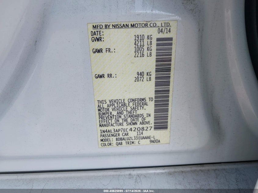 2014 Nissan Altima 2.5 Sv VIN: 1N4AL3AP7EC420827 Lot: 45625899