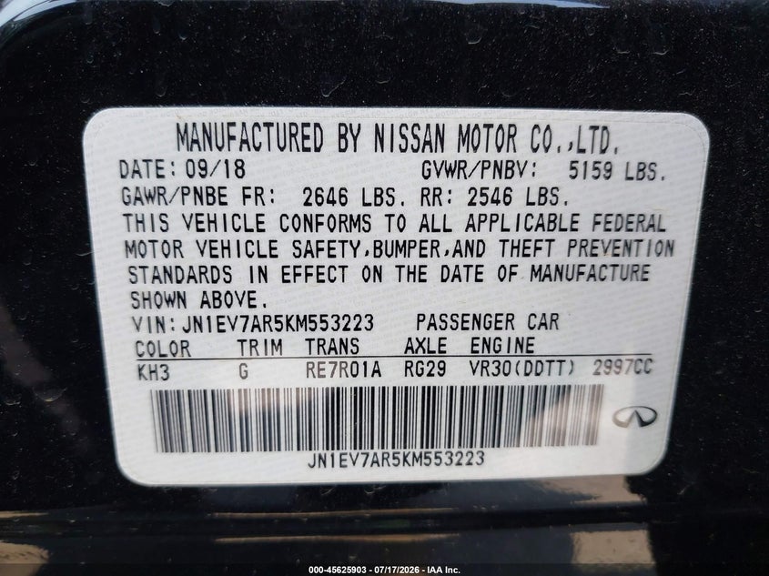 2019 Infiniti Q50 3.0T Luxe VIN: JN1EV7AR5KM553223 Lot: 45625903