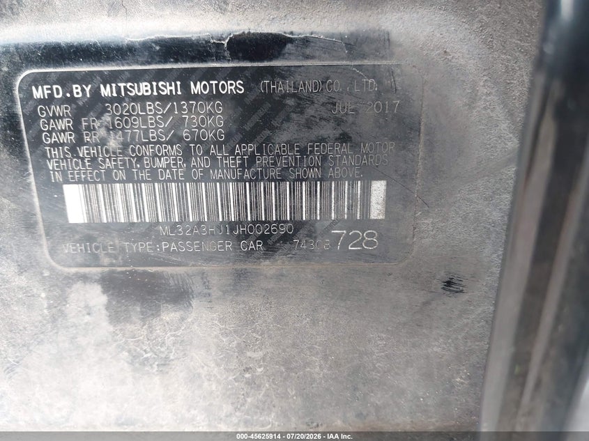2018 Mitsubishi Mirage Es VIN: ML32A3HJ1JH002690 Lot: 45625914