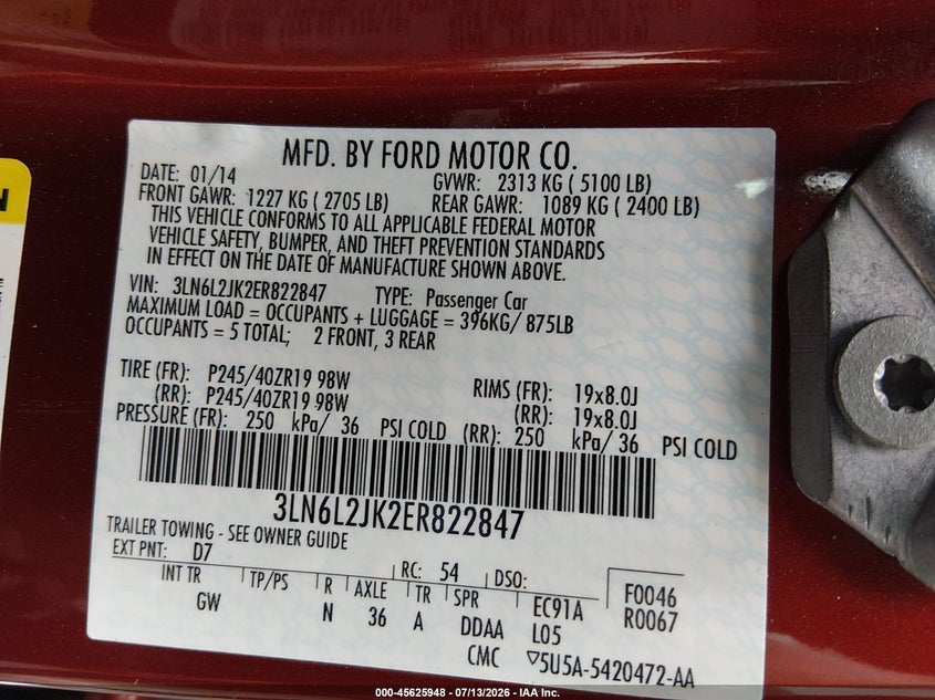 2014 Lincoln Mkz VIN: 3LN6L2JK2ER822847 Lot: 45625948
