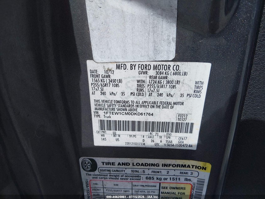 2013 FORD F-150 TRUCK 3.7L V-6 DOHC, VVT, 302HP