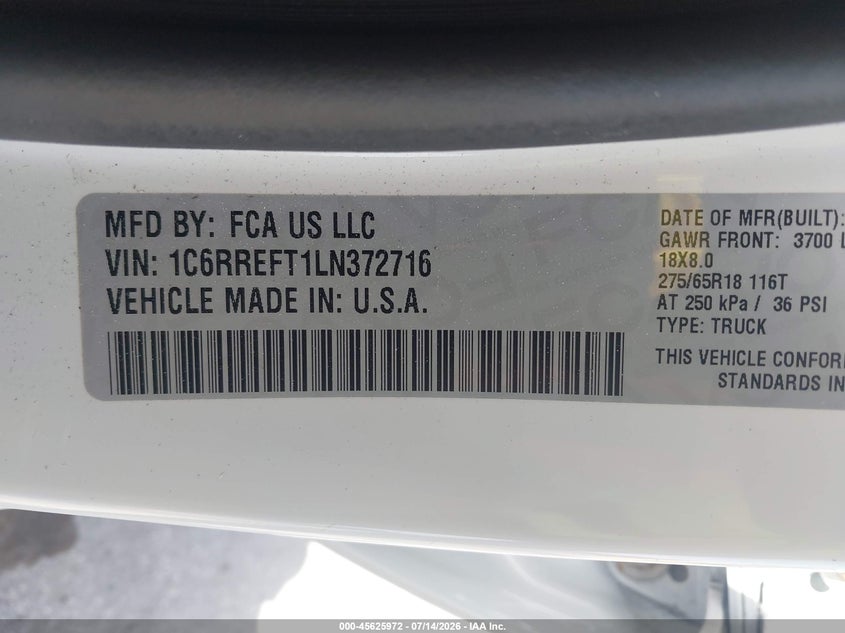 2020 Ram 1500 Big Horn 4X2 5'7 Box VIN: 1C6RREFT1LN372716 Lot: 45625972