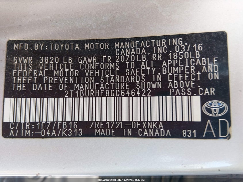 2016 Toyota Corolla Le VIN: 2T1BURHE8GC646422 Lot: 45625973