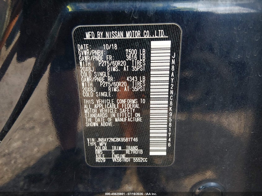 2019 Nissan Armada Sl VIN: JN8AY2NC8K9581746 Lot: 45625981