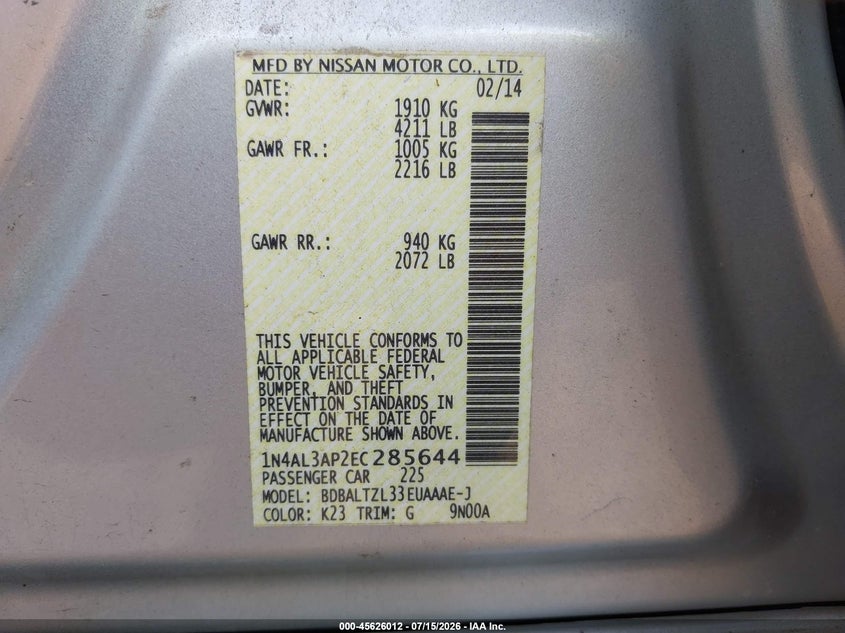 2014 Nissan Altima 2.5 Sv VIN: 1N4AL3AP2EC285644 Lot: 45626012