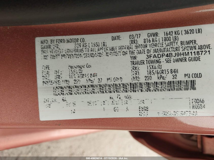 2017 Ford Fiesta Se VIN: 3FADP4BJ9HM118721 Lot: 45626014