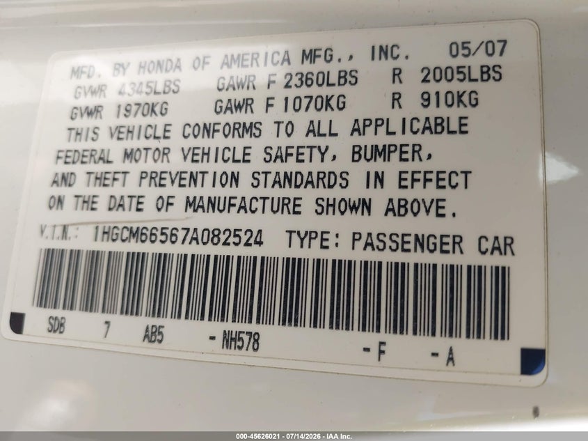2007 Honda Accord 3.0 Ex VIN: 1HGCM66567A082524 Lot: 45626021