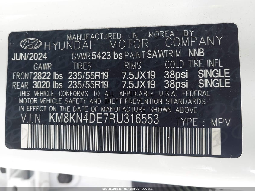 2024 Hyundai Ioniq 5 Sel VIN: KM8KN4DE7RU316553 Lot: 45626045