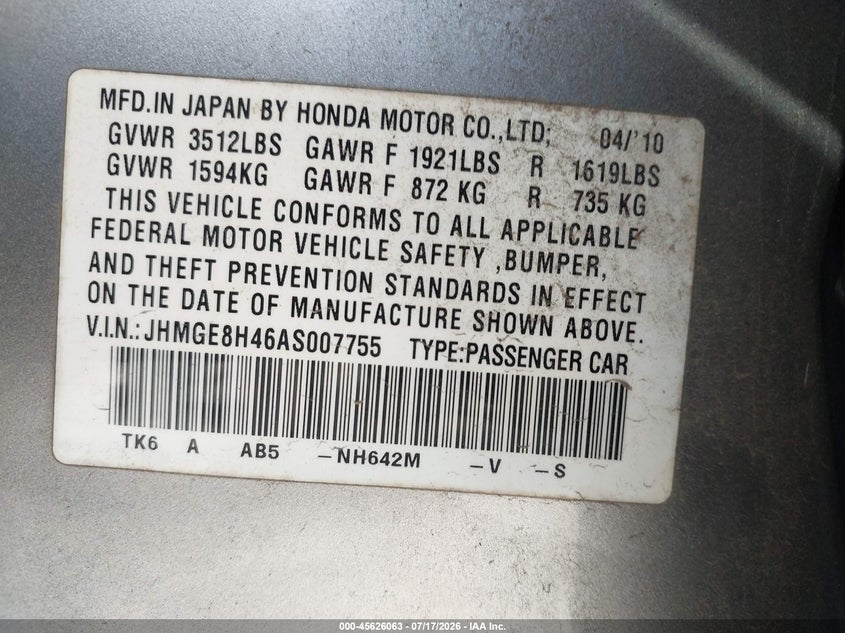 2010 Honda Fit Sport VIN: JHMGE8H46AS007755 Lot: 45626063
