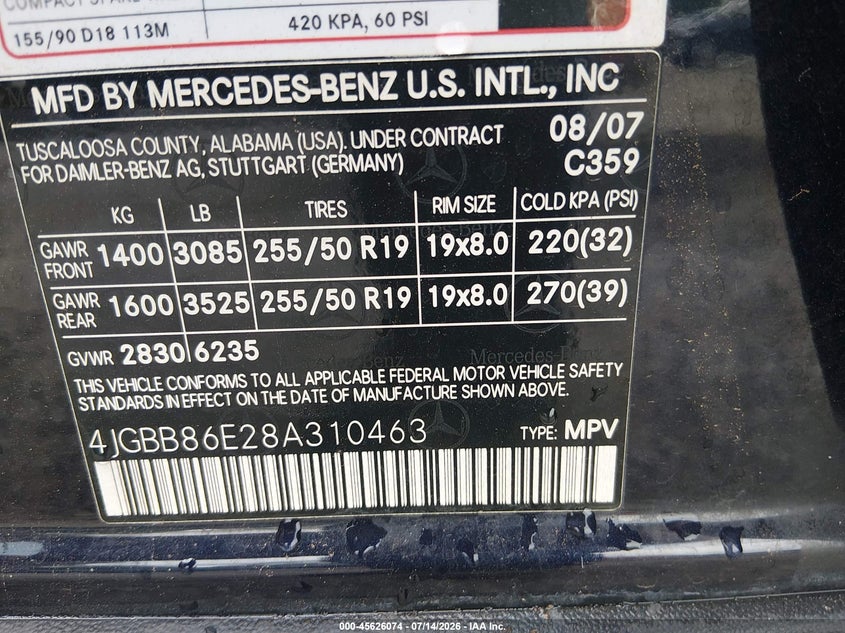 2008 Mercedes-Benz M-Class 3.5L VIN: 4JGBB86E28A310463 Lot: 45626074