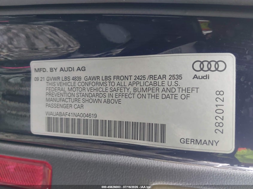 2022 Audi A4 Premium 40 Tfsi Quattro S Tronic VIN: WAUABAF41NA004619 Lot: 45626083