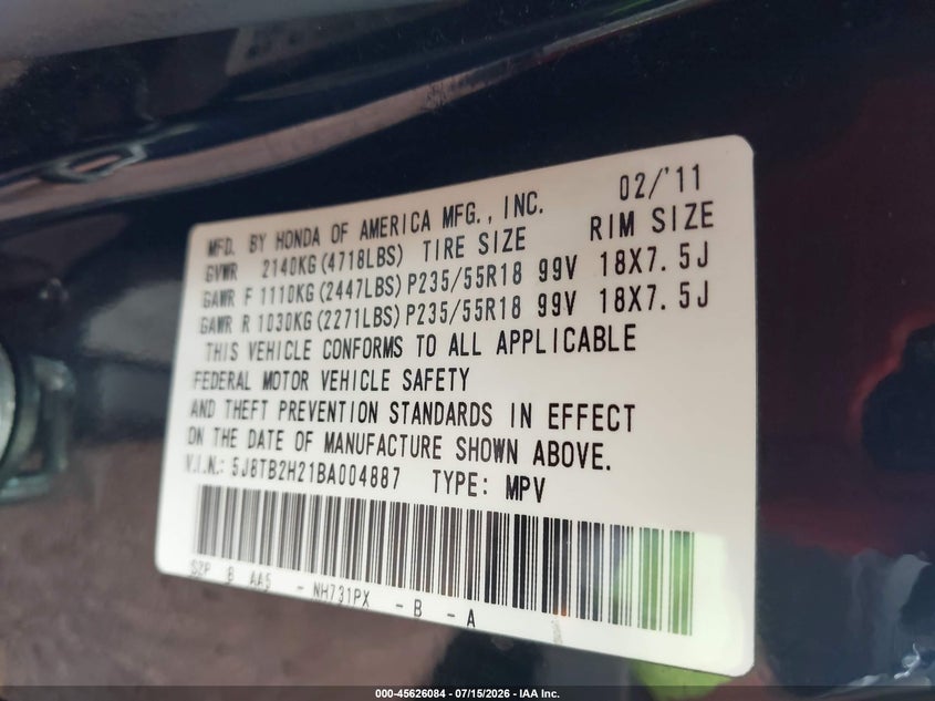 2011 Acura Rdx VIN: 5J8TB2H21BA004887 Lot: 45626084