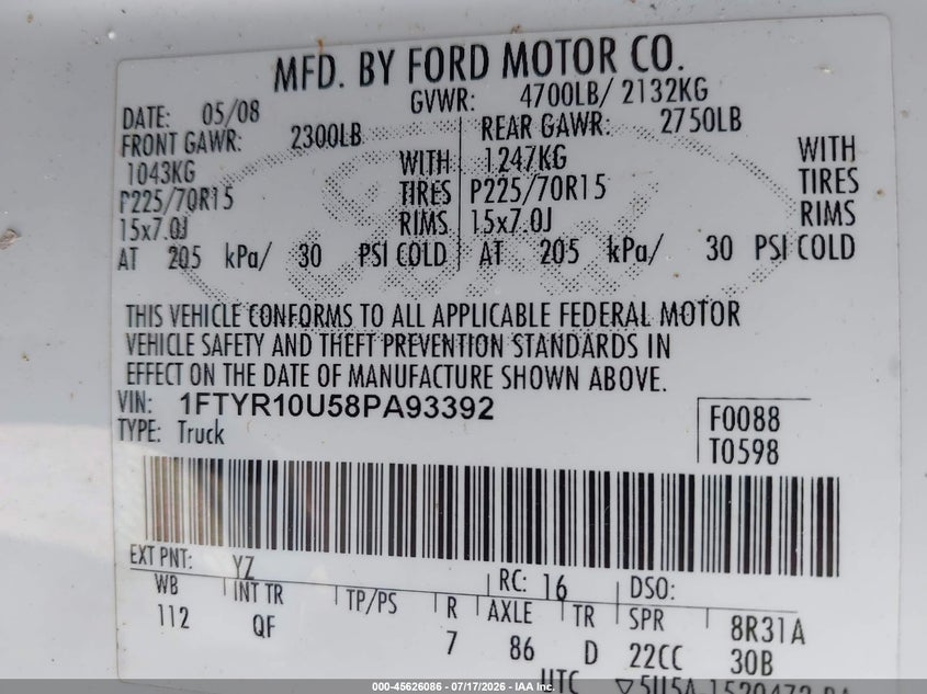 2008 Ford Ranger Xl VIN: 1FTYR10U58PA93392 Lot: 45626086