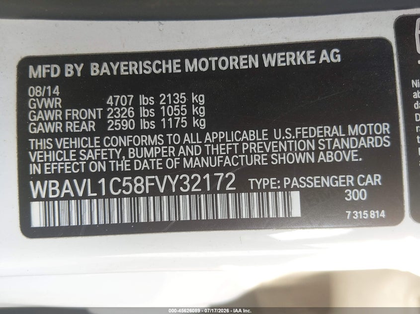 BMW X1 2015 VIN WBAVL1C58FVY32172