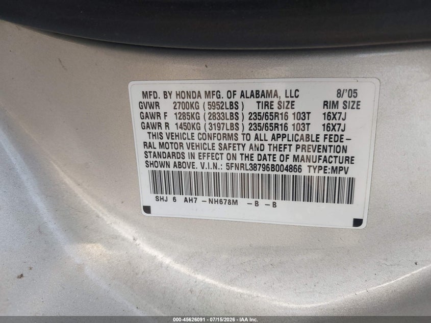 2006 Honda Odyssey Ex-L VIN: 5FNRL38796B004866 Lot: 45626091