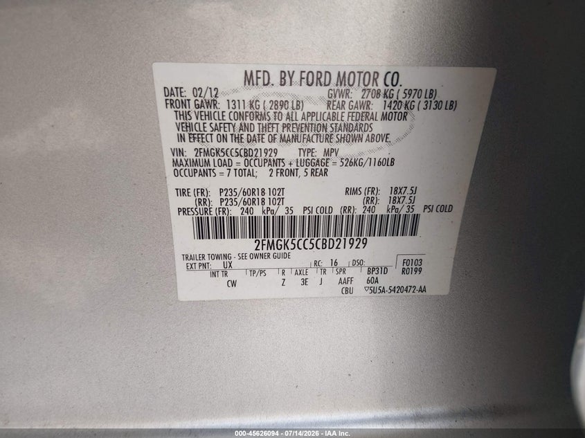 2012 Ford Flex Sel VIN: 2FMGK5CC5CBD21929 Lot: 45626094