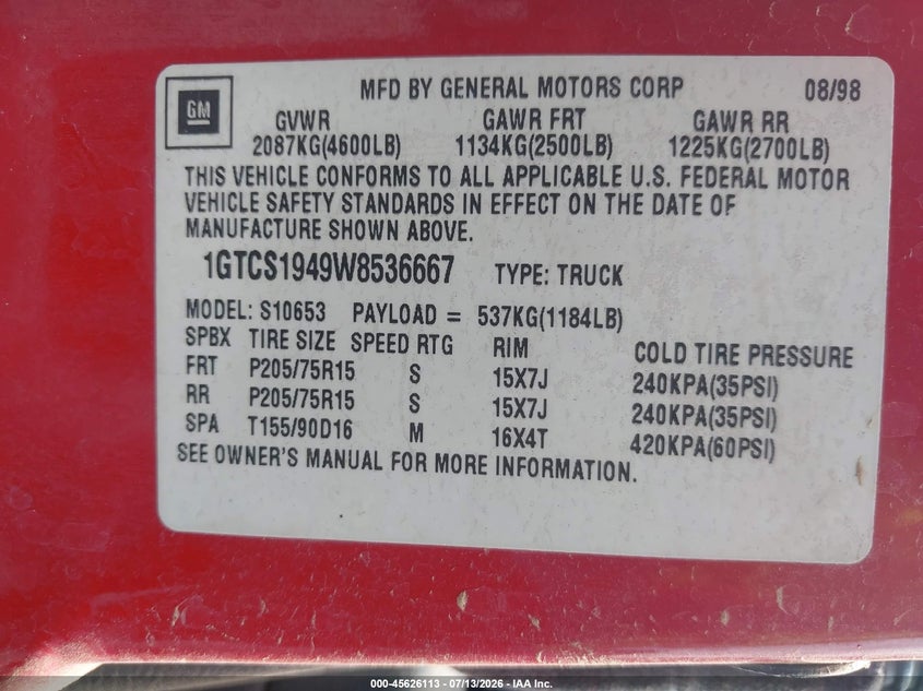 1998 GMC Sonoma Sls VIN: 1GTCS1949W8536667 Lot: 45626113