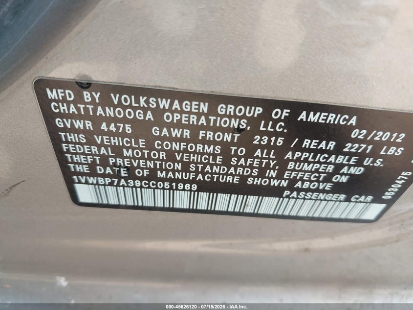 2012 Volkswagen Passat 2.5L Se VIN: 1VWBP7A39CC051969 Lot: 45626120