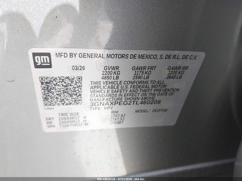 2026 Chevrolet Equinox Awd Lt VIN: 3GNAXPEG2TL460208 Lot: 45626125