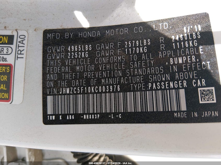 2019 Honda Clarity Plug-In Hybrid VIN: JHMZC5F10KC003976 Lot: 45626137