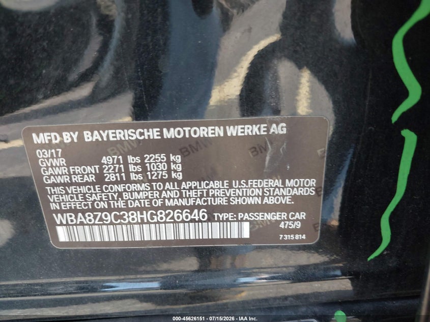 2017 BMW 3ER HATCHBACK 2.0L I-4 DI, DOHC, VVT, TURBO, 248HP