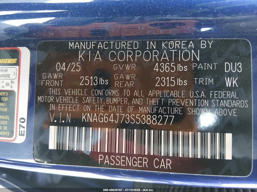 2025 Kia K5 Gt-Line VIN: KNAG64J73S5388277 Lot: 45626167