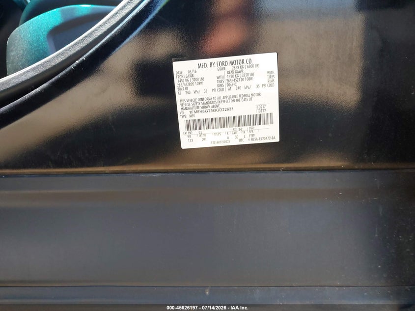 2016 Ford Explorer Sport VIN: 1FM5K8GT5GGD22631 Lot: 45626197