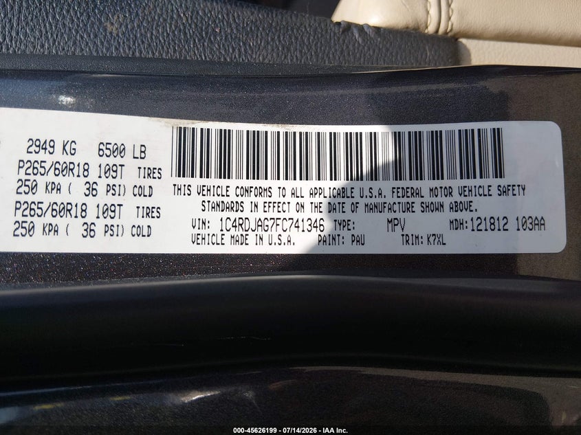 2015 Dodge Durango Sxt VIN: 1C4RDJAG7FC741346 Lot: 45626199