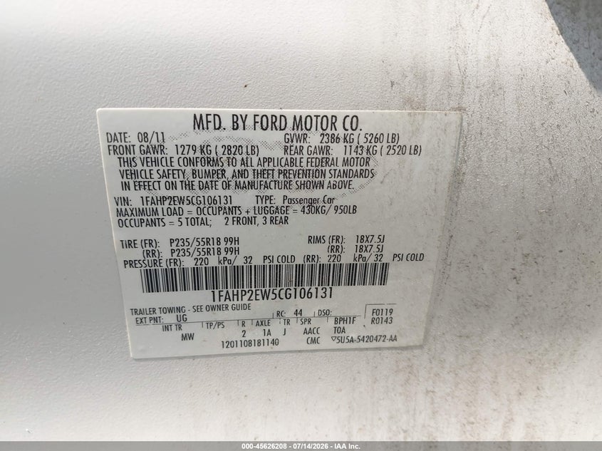2012 Ford Taurus Sel VIN: 1FAHP2EW5CG106131 Lot: 45626208