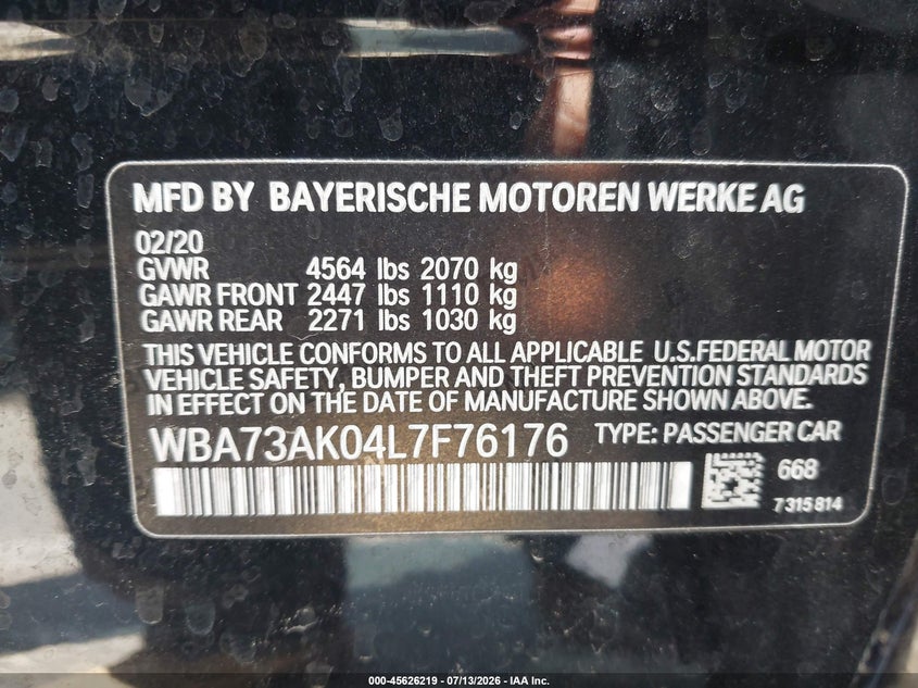 2020 BMW 228I Gran Coupe xDrive VIN: WBA73AK04L7F76176 Lot: 45626219