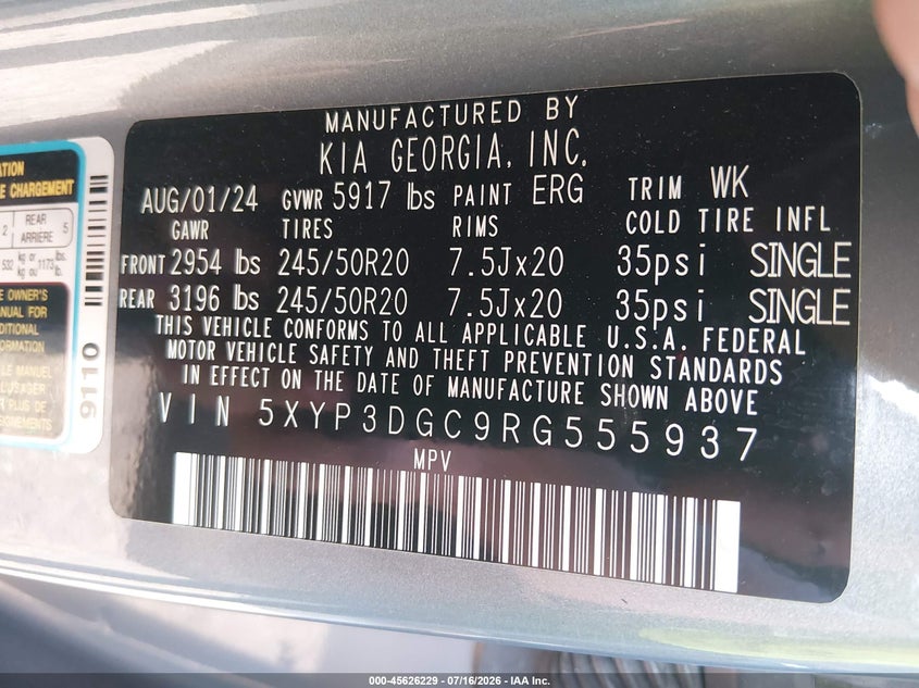 2024 Kia Telluride Ex VIN: 5XYP3DGC9RG555937 Lot: 45626229