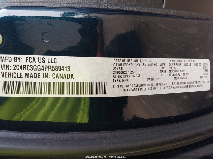 2023 Chrysler Pacifica Limited Awd VIN: 2C4RC3GG4PR589413 Lot: 45626235