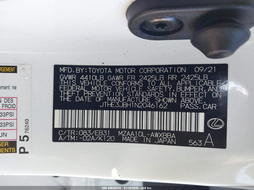 2022 Lexus Ux 200 F Sport VIN: JTHE3JBH1N2046162 Lot: 45626255