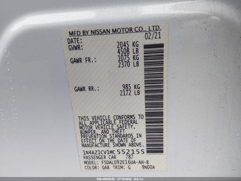 2021 Nissan Leaf Sv 40 Kwh VIN: 1N4AZ1CV1MC552155 Lot: 45626259