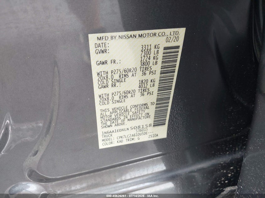 2020 Nissan Titan Sv 4X4 VIN: 1N6AA1EDXLN508158 Lot: 45626261