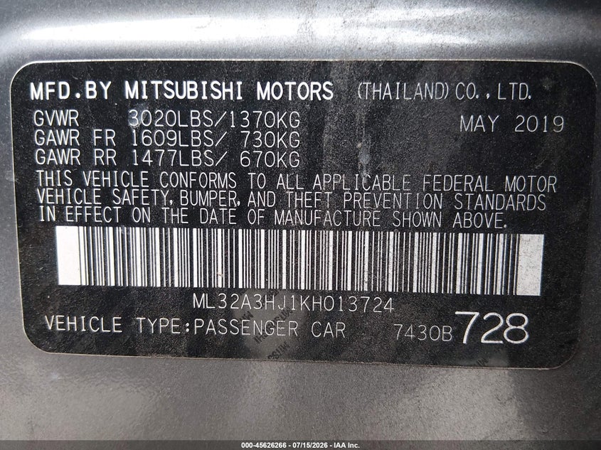 2019 Mitsubishi Mirage Es VIN: ML32A3HJ1KH013724 Lot: 45626266