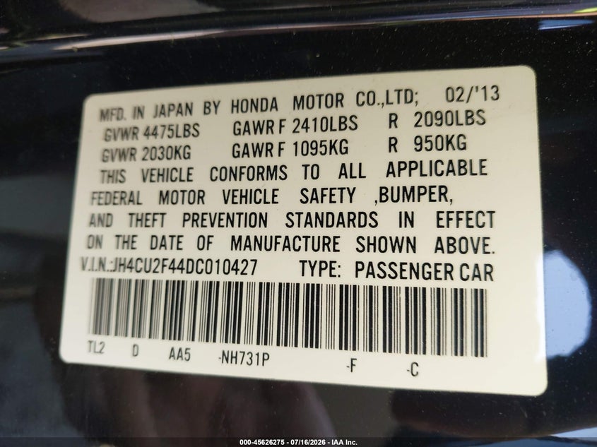 2013 Acura Tsx 2.4 VIN: JH4CU2F44DC010427 Lot: 45626275