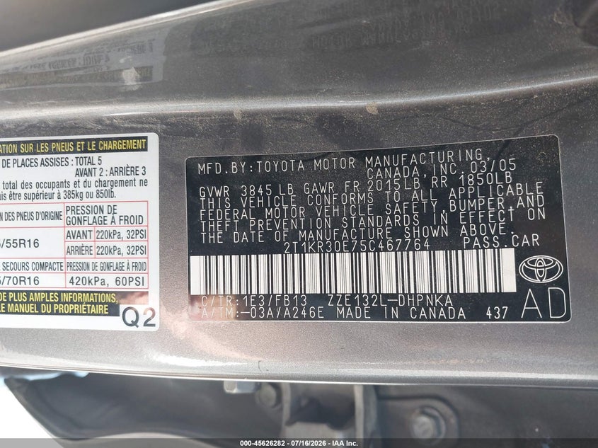 2005 Toyota Matrix Xr VIN: 2T1KR30E75C467764 Lot: 45626282